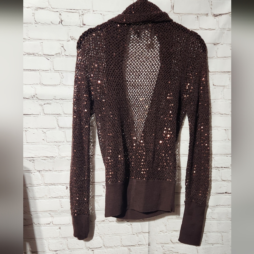 SOLD Brown Sequin Open Knit Wrap Sweater Size Med 100% Merino Wool - Picture 3 of 3